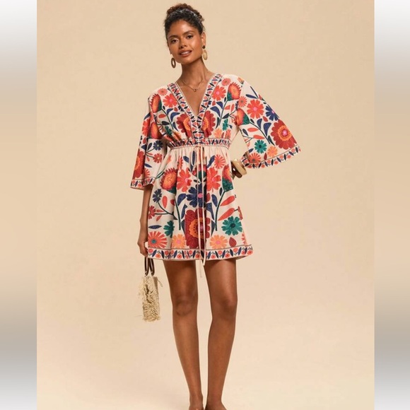 SHEIN Dresses & Skirts - Floral V-Neck Tropical Dress with Bell Sleeves NEW XL